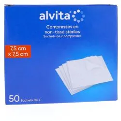 ALVITA Compresses en non-tissé stériles taille 7.5 * 7.5cm - 50 sachets de 2 compresses