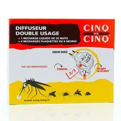 CINQ SUR CINQ Diffuseur anti-moustique double usage 1 diffuseur double usage & 1 recharge liquide de 50 nuits & 4 recharges plaquettes de 8 heures.