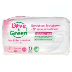 LOVE & GREEN Fuites Urinaires Serviettes Écologiques Normal 12 Serviettes