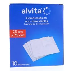 ALVITA Compresses en non-tissé stériles taille 7,5*7,5 cm - 10 sachets de 2 compresses