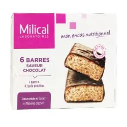 MILICAL Barres hypocalorique, riche en protéines goût chocolat Boite de 6