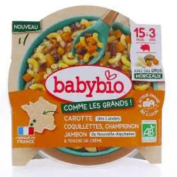 BABYBIO Repas du Midi - Carottes Coquillettes Champignons Jambon 200g