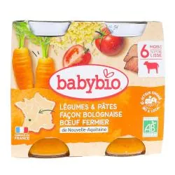 BABYBIO Repas du Midi - Petits pots Légumes & Pâtes façon bolognaise 2x200g dès 6 mois