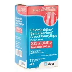 MYLAN Chlorhexidine/ Benzalkonium / Alcool Benzylique 0,25 g/0,025 g/4 mL pour 100 mL
